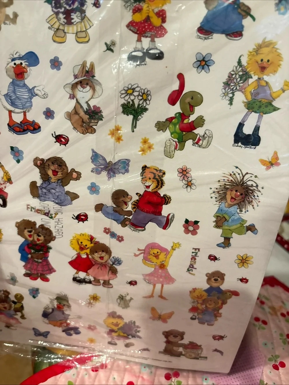 2 Large Sheets Of Vintage Suzy's Zoo Sticker Spring Easter Duck Turtle bear New